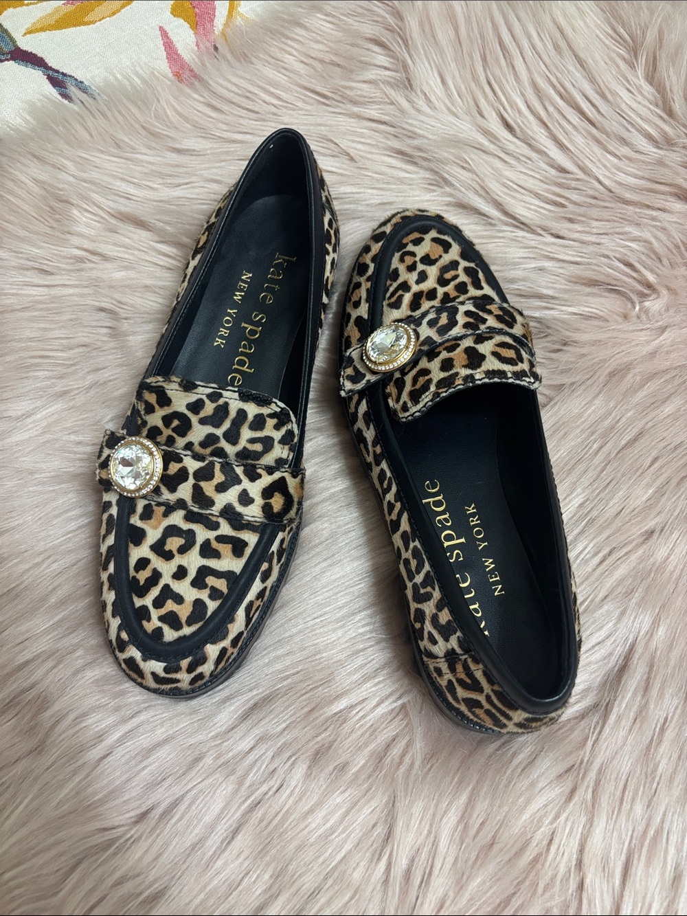 NWOT kate spade Leopard-Print Penny Loafers with Jeweled Accent